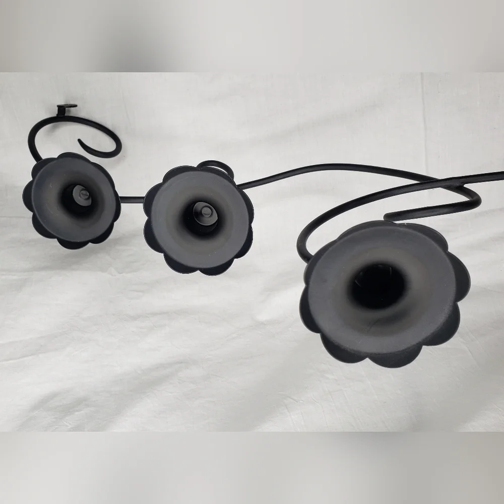 Two Vintage Black Metal Scrolled Three Candle Wall Sconces Bowed